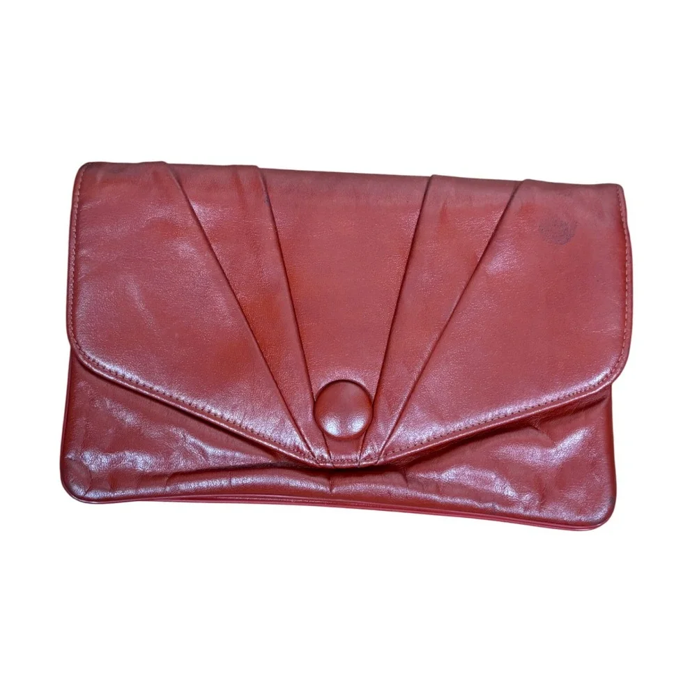 Vintage Leather Envelope Clutch Bag Pleated Sunburst Evening Handbag Orange